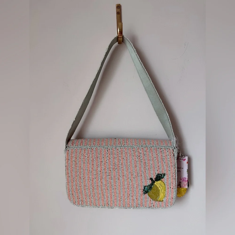 Viral beaded lemon pink white striped Shoulder Bag with beaded lemon charm - Picture 5 of 5